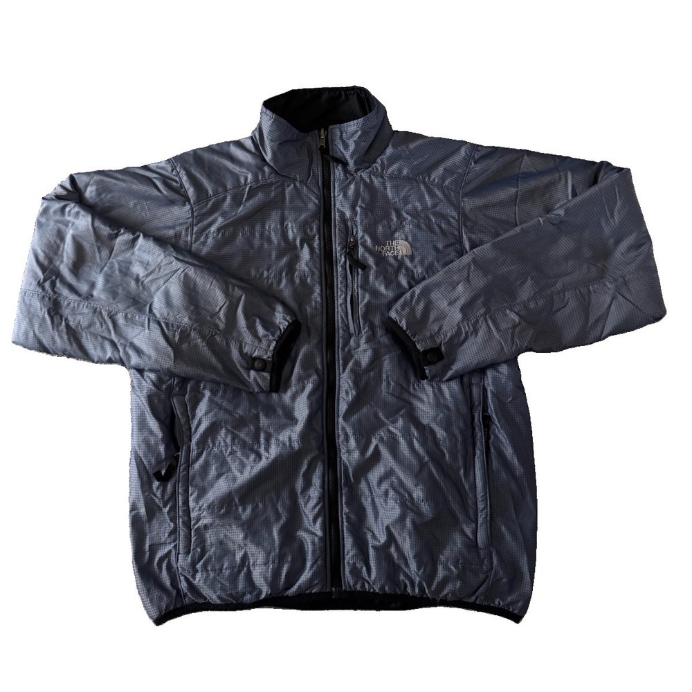 The North Face Mens Medium Blue Plaid Jacket  With Built In Stow Away Bag Pocket